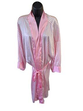 Show Me Your Mumu Pink & White Striped Satin Robe With Tie Belt OS